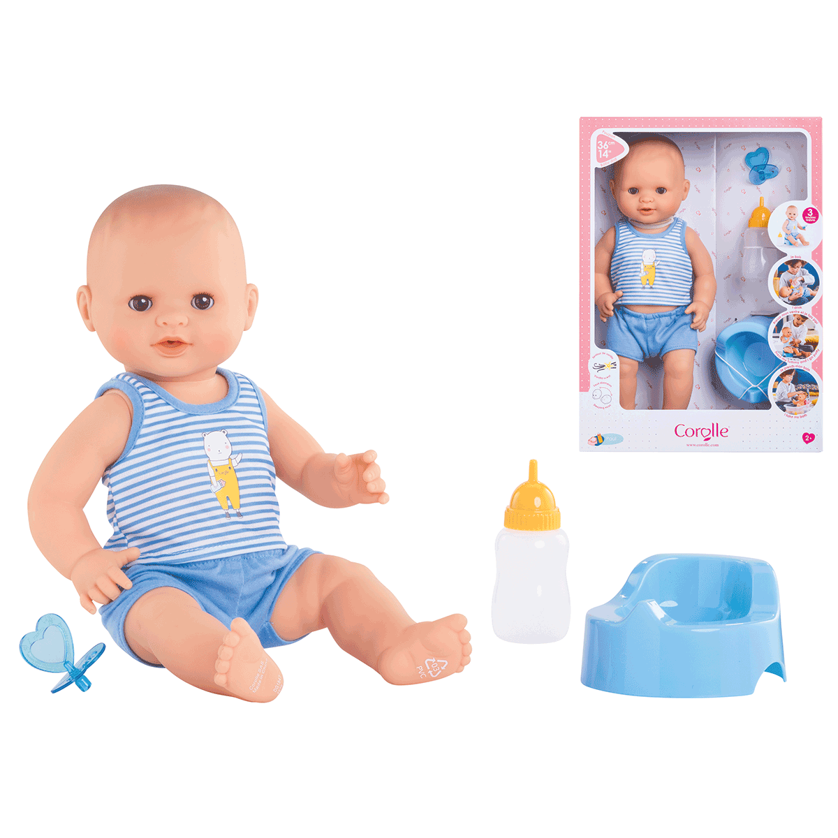 Ce poupon qui fait pipi et ses accessoires sont présentés dans un joli coffret cadeau prêt à jouer.