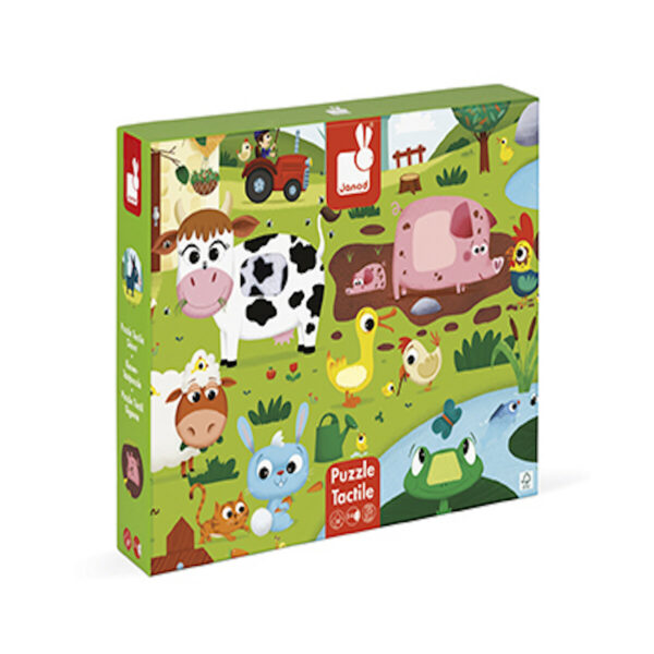 Un puzzle tactile sur le thème des animaux de la ferme fabriqué en France , idéal pour développer les sens de l'enfant et lui apprendre le nom des animaux dès l'âge de 2 ans.