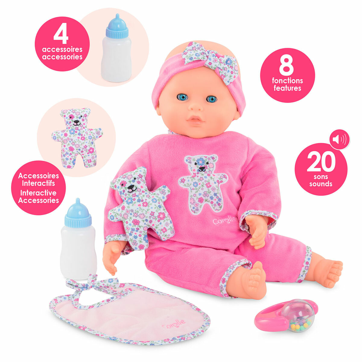 Le Poupon Lucile interactive est un grand poupon de la taille d'un vrai bébé (42 cm) qui propose une expérience unique : grâce à ses capteurs sensoriels et ses accessoires, le poupon réagit comme un vrai bébé !