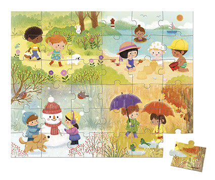 Un puzzle en carton composé de 36 pièces sur le thème des 4 saisons fabriqué en France, idéal pour développer la dextérité de l'enfant et lui apprendre les 4 saisons dès l'âge de 4 ans.