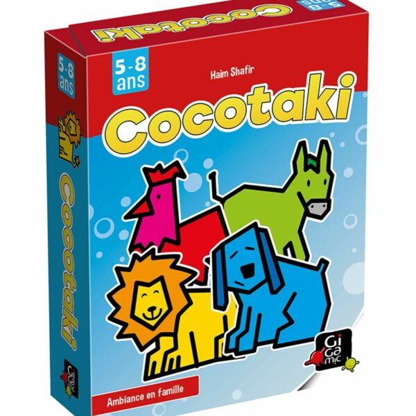 Cocotaki est un jeu de 112 cartes. Jouez avec sept séries d'animaux en quatre couleurs : des chiens, des chats, des coqs , des ânes , des vaches, des abeilles et des lions