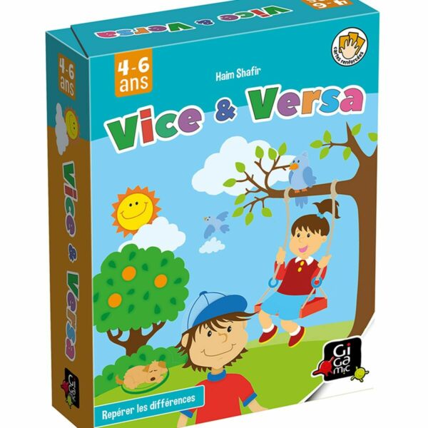 Vice-Versa est un jeu de 32 cartes. Les cartes renforcées, pratique pour les petits puisque ce jeu de société est accessibles aux enfants dès 4 ans