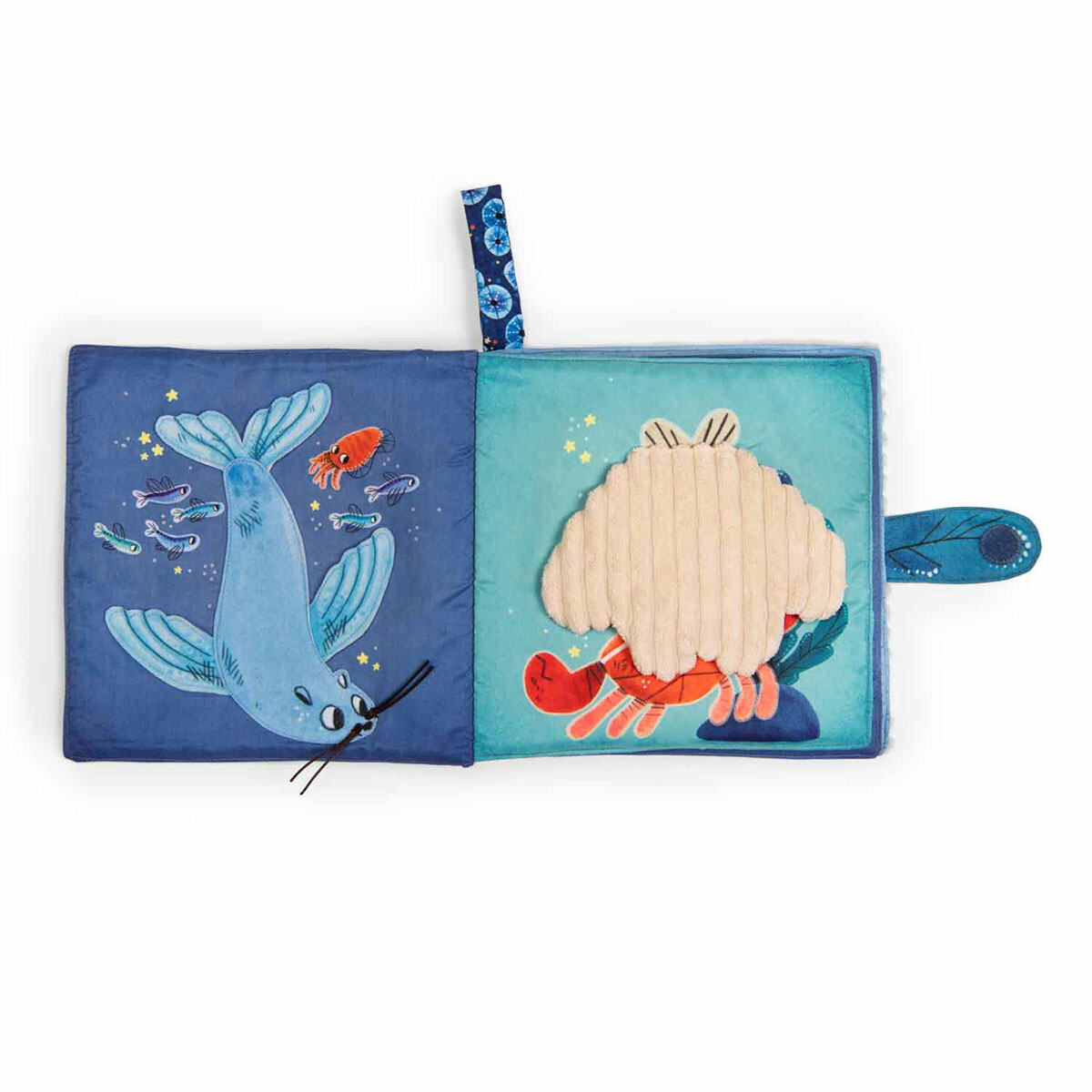 Votre bout de chou y découvrira des animaux marins rigolos tout en couleur qu'il pourra toucher : le poulpe, le phoque, l'hippocampe...sans compter les nombreux poissons et crabe coquin qui se cache dessous un coquillage !