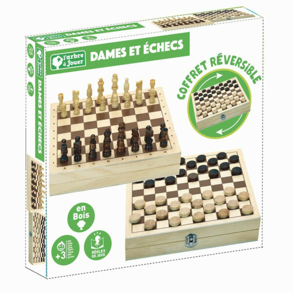 Contenu : 1 plateau réversible, pions de dames et pièces d'échecs en bois, règle des jeux