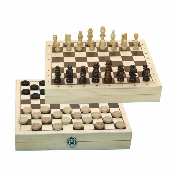Ce superbe coffret en bois réversible contient un jeu de dames et un jeu d'échecs avec pions de dames et pièces d'échecs en bois.