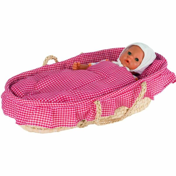 Ce grand couffin en osier pour poupée ou poupon est fourni avec le linge de lit de lit (drap et coussin)  en tissu vichy rouge et blanc.