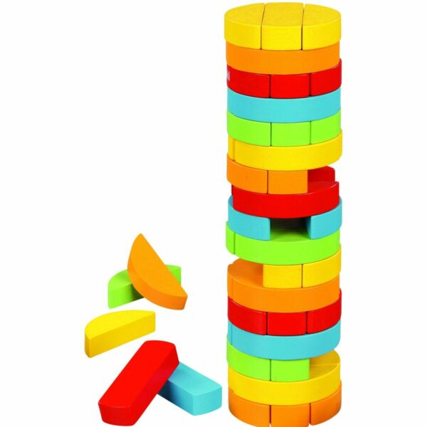 Découvrez le jeu Jenga, une tour chancelante colorée où chacun à leur tour, les joueurs retirent une pièce de la tour pour la poser au sommet.