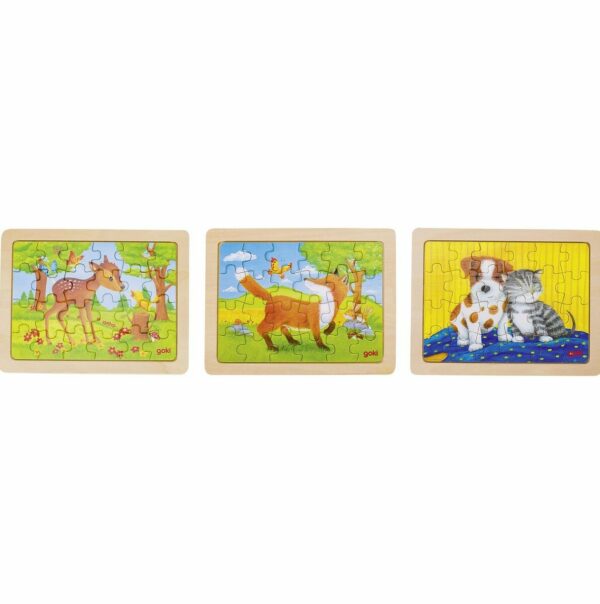 Découvrez ces 3 beaux puzzles colorés en bois sur le thème de l'amitié chez les animaux : un faon et des oiseaux, un renard et des lapins et un chien et un chat.