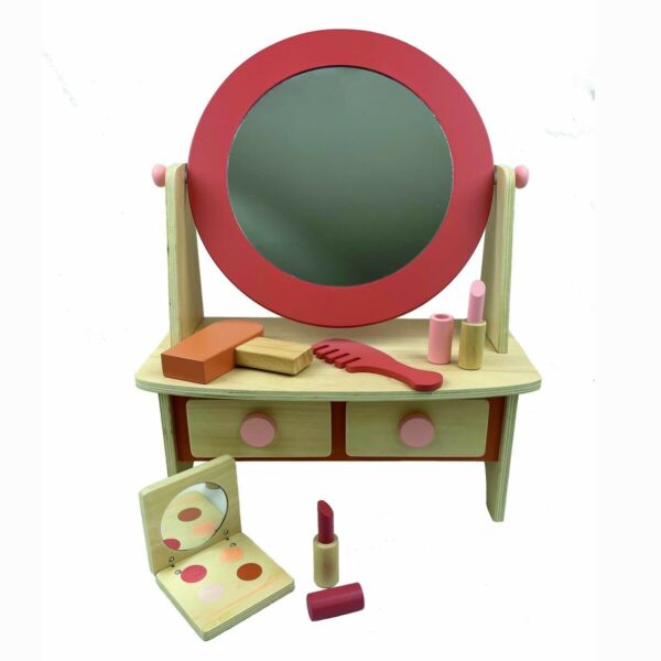 Table de maquillage en bois. Livrée avec un peigne, un sèche-cheveux, de 2 rouges à lèvres et une palette de fard à paupière. Dès 3 ans
