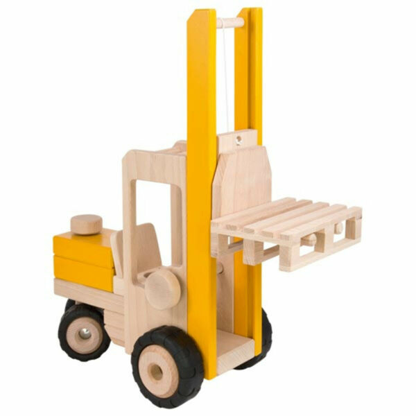 Pour transporter des palettes sans se fatiguer, rien de tel que ce superbe Chariot élévateur en bois lasuré, un véhicule industriel pour les enfants dès 3 ans.
