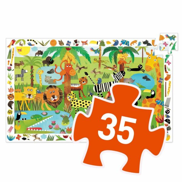 Découvrez le Puzzle animaux de la jungle 3ans et son poster, un jeu éducatif, d'observation en papier et carton certifié FSC pour les enfants dès 3ans