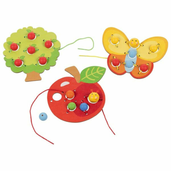 Découvrez ces 3 superbes motifs de jeux de laçage sur le thème du verger : pomme, arbre et papillon pour les enfants dès l'âge de 3 ans.