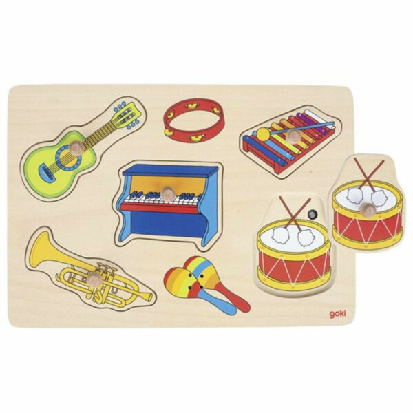 Découvrez ce puzzle à encastrement sonore sur le thème des instruments de musique, un jeu éducatif en bois pour les enfants dès 1 an.