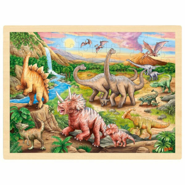Découvrez ce grand puzzle Dinosaures en bois composé de 96 pièces pour les enfants à partir de 3 ans.