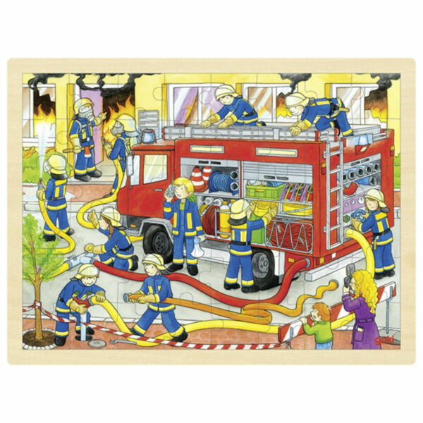 Découvrez ce grand Puzzle Pompiers en bois composé de 48 pièces dans un cadre de bois pour les enfants à partir de 3 ans.