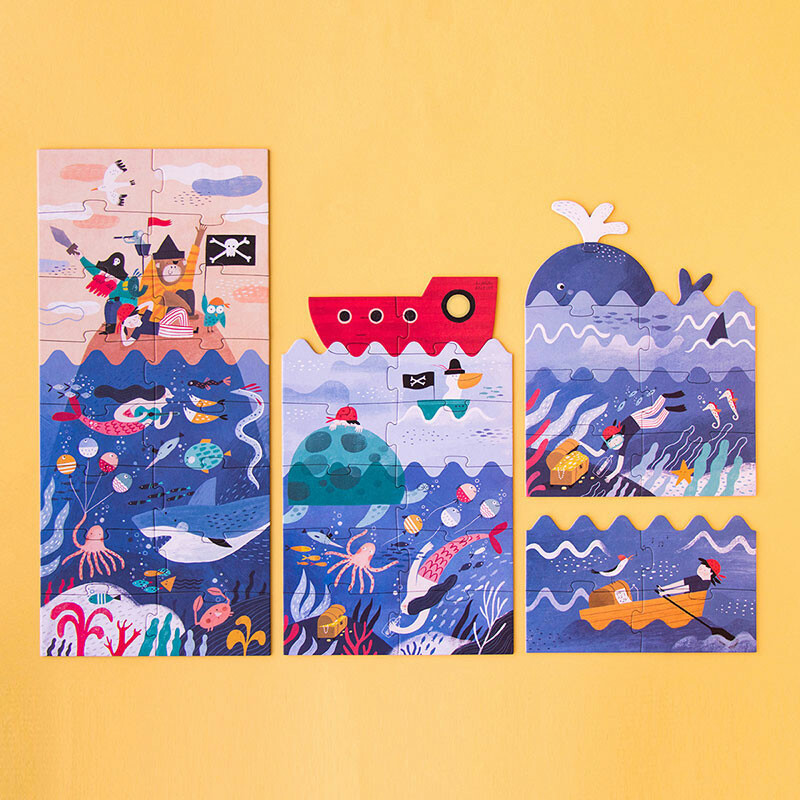 Cette boîte contient ensemble de puzzles qui racontent des histoires de pirates et de trésors de 4, 8, 12 et 16 pièces. Ces puzzles se montent "par couches", du plus grand au plus petit.