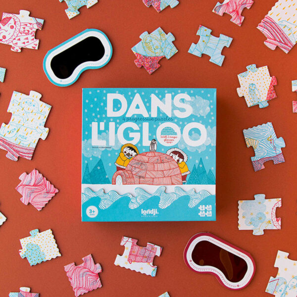 Les puzzles Dans l'igloo sont des jeux éducatifs pour enfants à partir de 3 ans. Cette boîte contient un ensemble de 4 puzzles qui nous font découvrir la vie des esquimaux et leurs amis les animaux.
