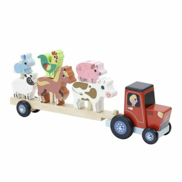 Empil'animaux de la ferme jouet en bois. Avec Empil'animaux, on peut s'amuser de bien des façons ! De jolis animaux en bois à empiler sur la remorque du tracteur. Dès 2 ans