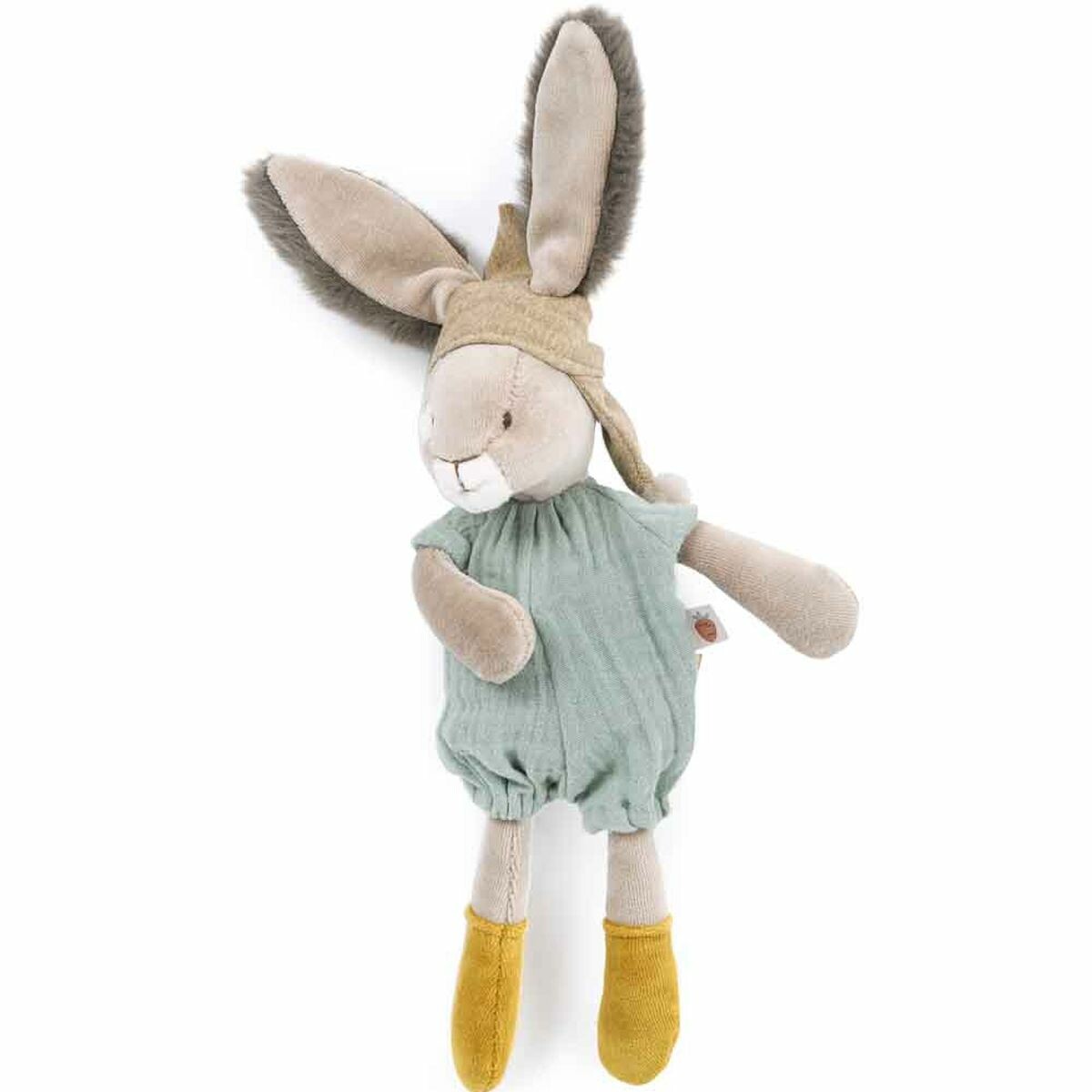 Petit-lapin-sauge Peluche petit lapin. Elle possède de grandes oreilles et de longues pattes, ainsi qu'une petite queue. Il est destiné à être manipulé et câliné par les enfants.