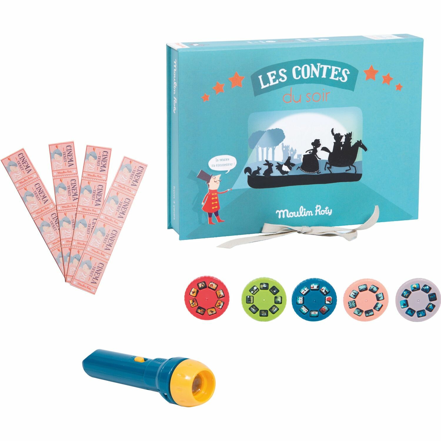 Ce coffret sur le thème des contes comprend un bloc de programmes, des tickets de cinéma, une lampe et 5 disques diapositives