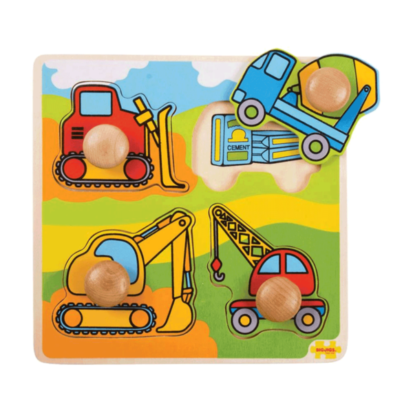 Ce beau puzzle en bois coloré à boutons sur le thème des Engins de chantier est parfait pour les petites mains.