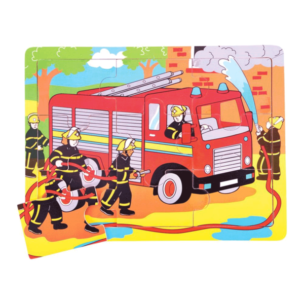 Découvrez ce beau Puzzle Pompiers en bois composé de 9 pièces dans un cadre de bois pour les enfants à partir de 2 ans.