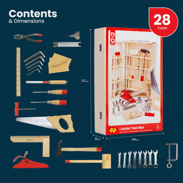 Cette boîte à outils tout en bois contient 28 outils pouvant être utilisés pour réaliser de vrais travaux de bricolage.