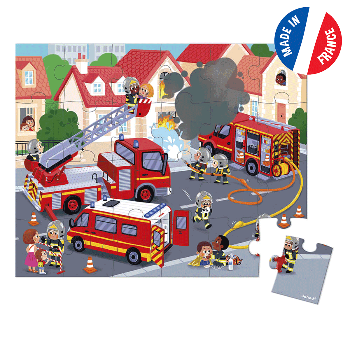 Puzzle-d'observation-Pompiers Par la qualité de ses illustrations et ses belles couleurs, ce puzzle va stimuler l'intérêt et la curiosité des enfants.