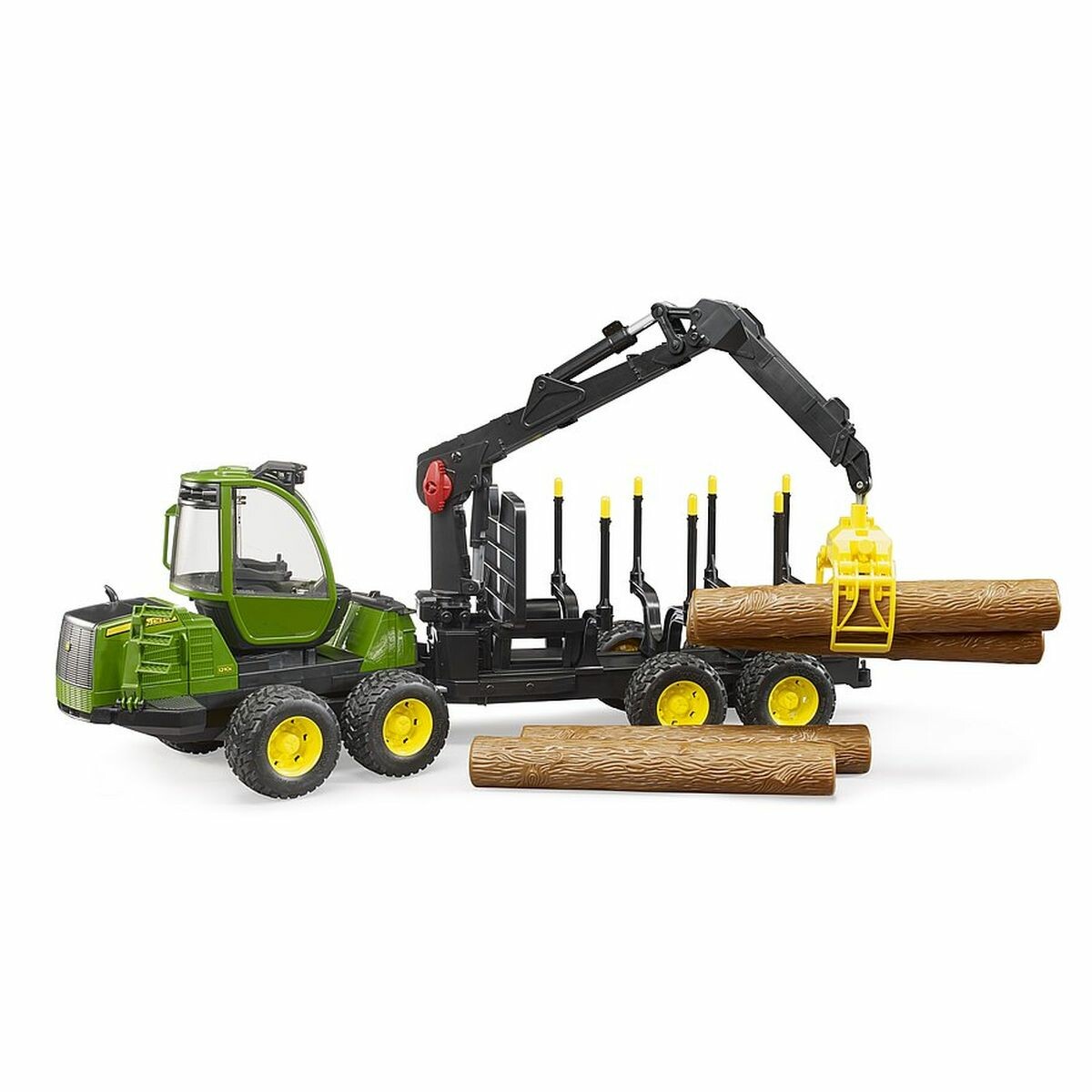 Grâce à la cabine pivotante à 360°, le conducteur (non inclus) garde toujours un bon aperçu, que ce soit pour la conduite ou le chargement. Le tracteur John Deere est le véhicule idéal pour un plaisir de jeu de long durée autour de la sylviculture.