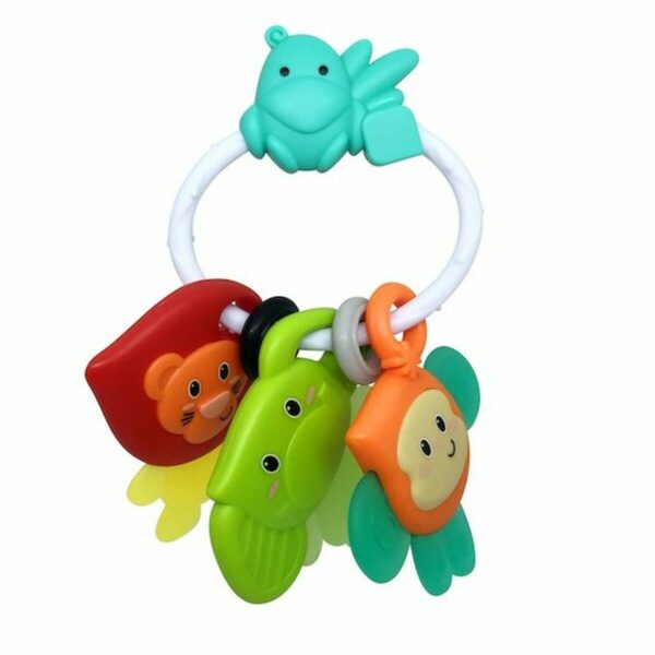 Hochet - Anneau de dentition Safari. Ce jouet est composé d'un anneau et de 3 clés faciles à mordiller.