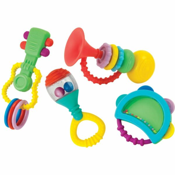 Découvrez ce Coffret Dentition Instruments de musique. Un set multi-sensoriel composé de 4 jouets de dentition sur le thème de la musique