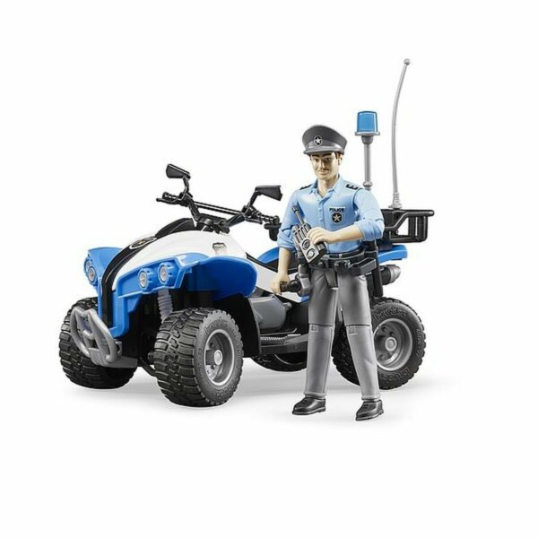 L'ensemble comprend le quad, le policier avec casquette, la ceinture, la matraque, la lampe de poche, le pistolet, les menottes et la radio.