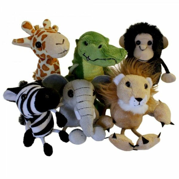 Ensemble de marionnettes à doigts des 6 animaux africains. Il y a 6 marionnettes à doigts éléphant, girafe, chimpanzé, zèbre, crocodile et lion. L'élastique de chaque  marionnette à doigt permet de s'adapter à tous les doigts ! Ces marionnettes conviennent aux enfants de 12 mois et plus.