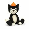 Craquez pour la  Peluche Jack le chat couronné. Imaginez un chat noir et blanc irrésistible, coiffé d'une couronne orange en velours.