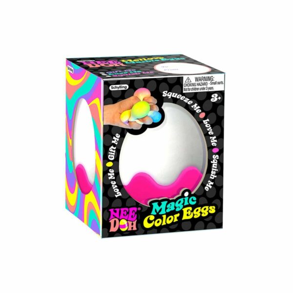 Pressez l' œuf Magic Color et attendez la surprise ! Ces jouets spongieux présentent un effet arc-en-ciel génial ressemblant à du marbre lorsqu'ils sont pressés. Ils sont livrés dans une base en coquille d'œuf colorée qui peut être retirée