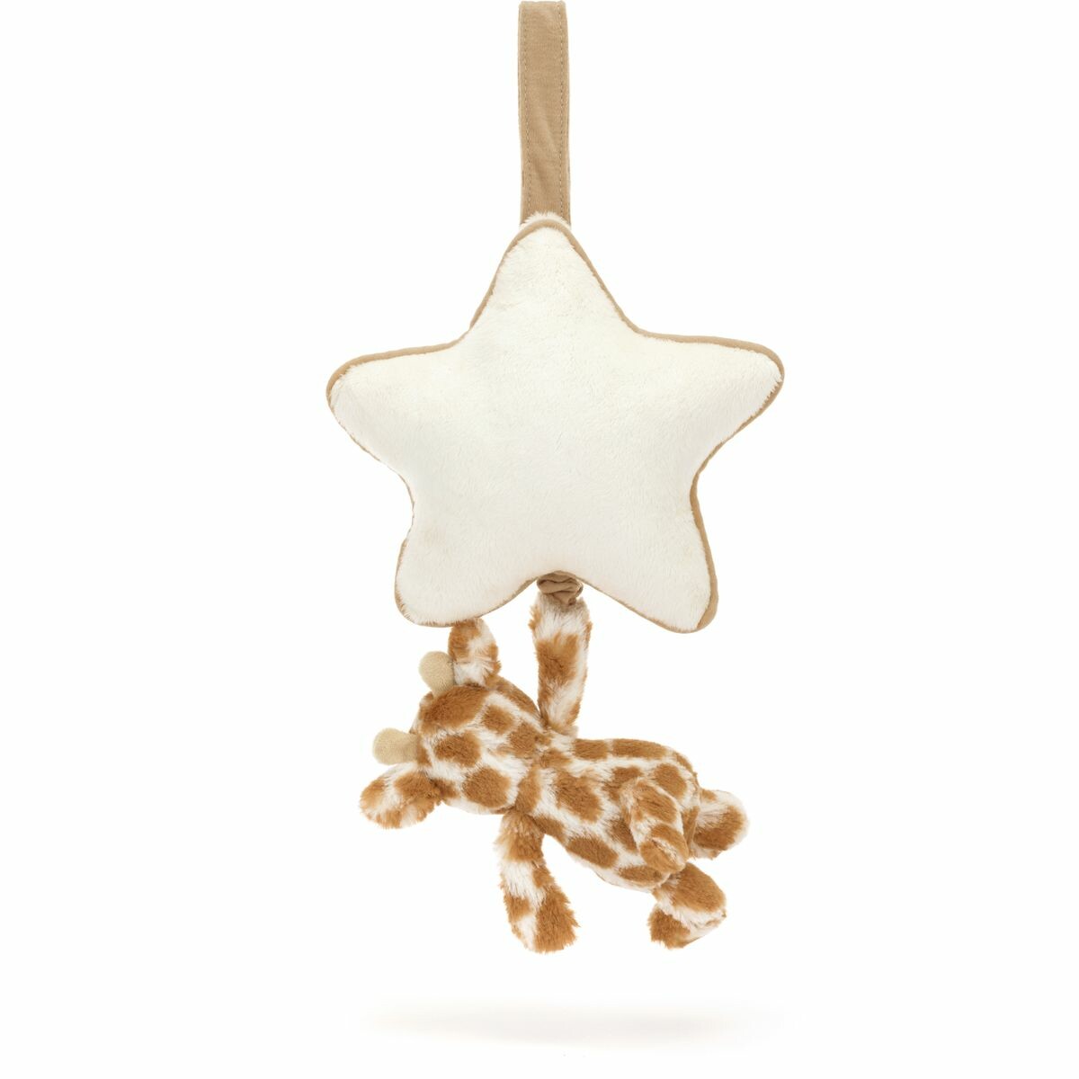 La poignée musicale en forme d'étoile crème a une bordure contrastée, cette peluche peut être attachée à un berceau ou à un landau avec une fermeture Velcro.