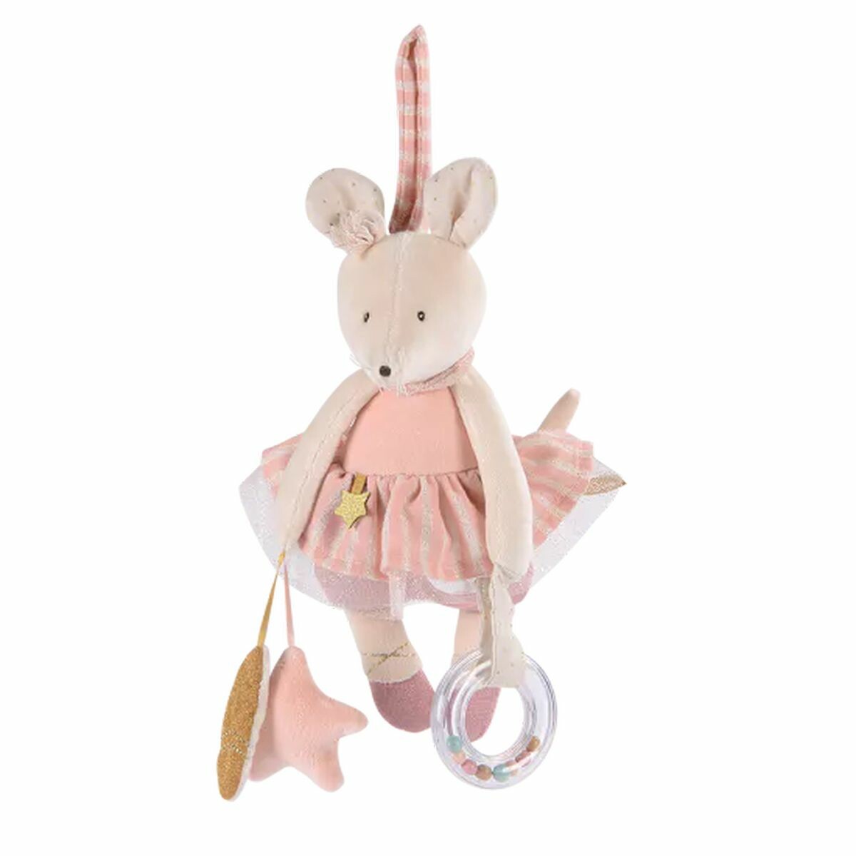 Peluche-Souris-Rose-activites-suspendre-Bidiboule Un adorable jouet d'éveil conçu pour stimuler les sens des bébés dès la naissance. Fabriquée en velours doux et moelleux, elle est parfaite pour les câlins et accompagnera votre enfant dans ses explorations du monde.