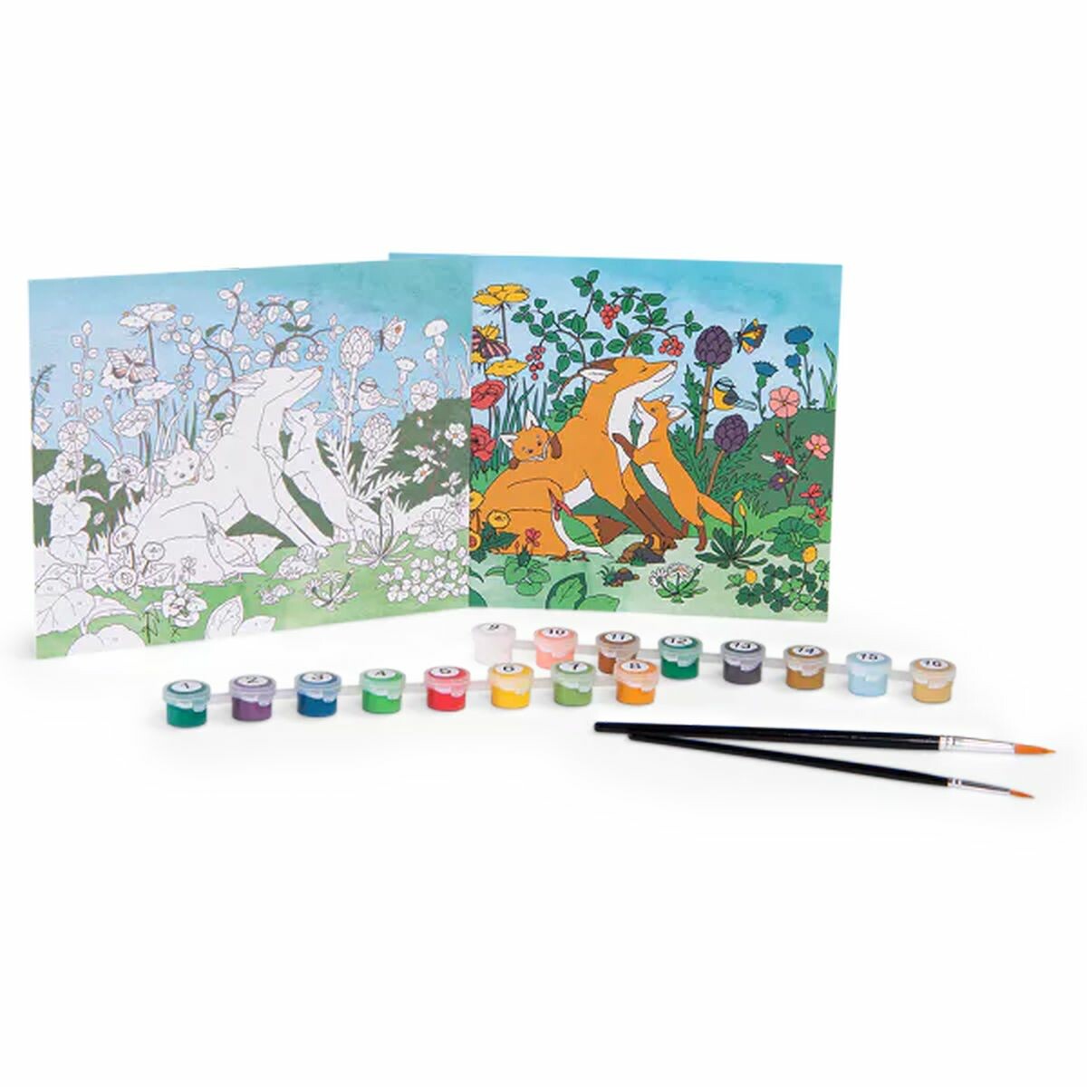 Peintures-numero-Le-Renard-Bidiboule Le set contient 3 images (22x18cm) à peindre sur le thème du jardin et leur modèle plus 2 pinceaux et 16 pots.