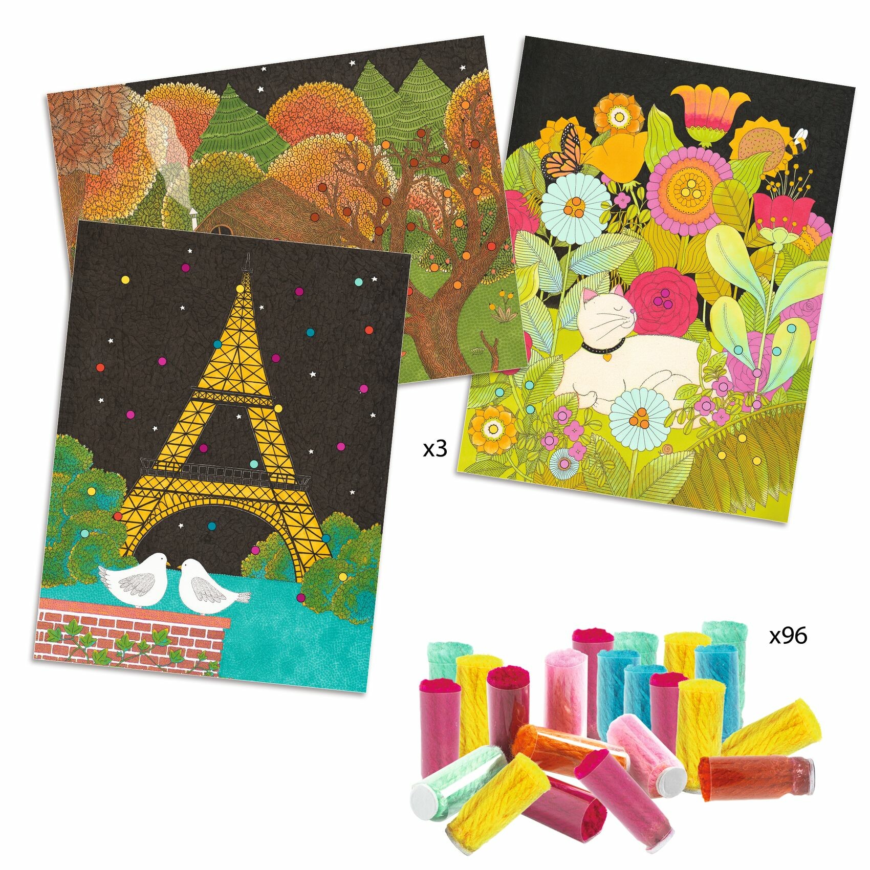 Tableaux de Pompons-Bidiboule Des petits cylindres autocollants pour compléter 4 jolies illustrations. L'enfant colle les tubes sur le tableau puis retire la partie transparentes et hop, des pompons colorés apparaissent !
