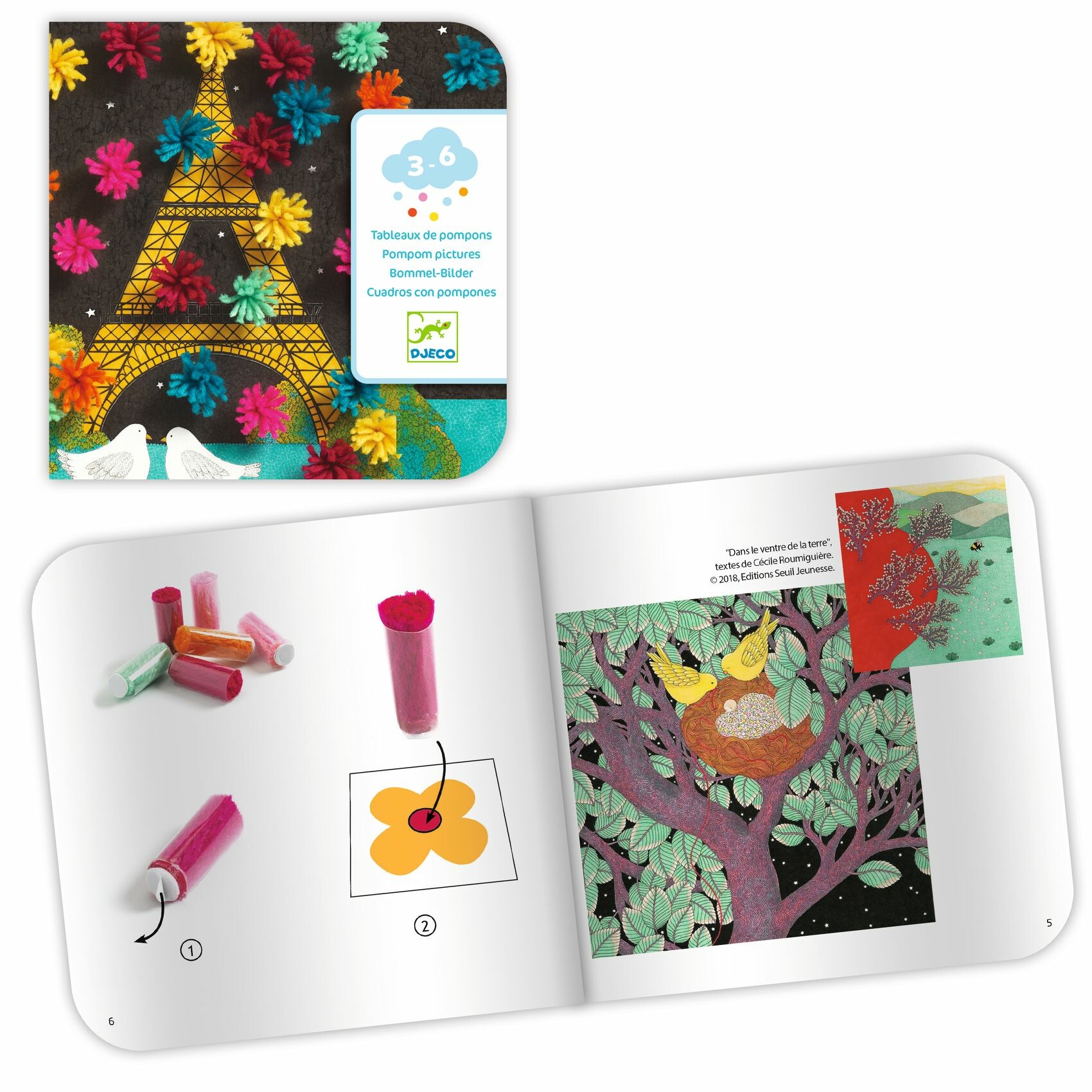 Tableaux de Pompons-Bidiboule Une activité de collage dès 3 ans. Plus de 90 tubes surprise ! Les pompons sont autocollants. Un livret explicatif en couleurs et uniquement en images.