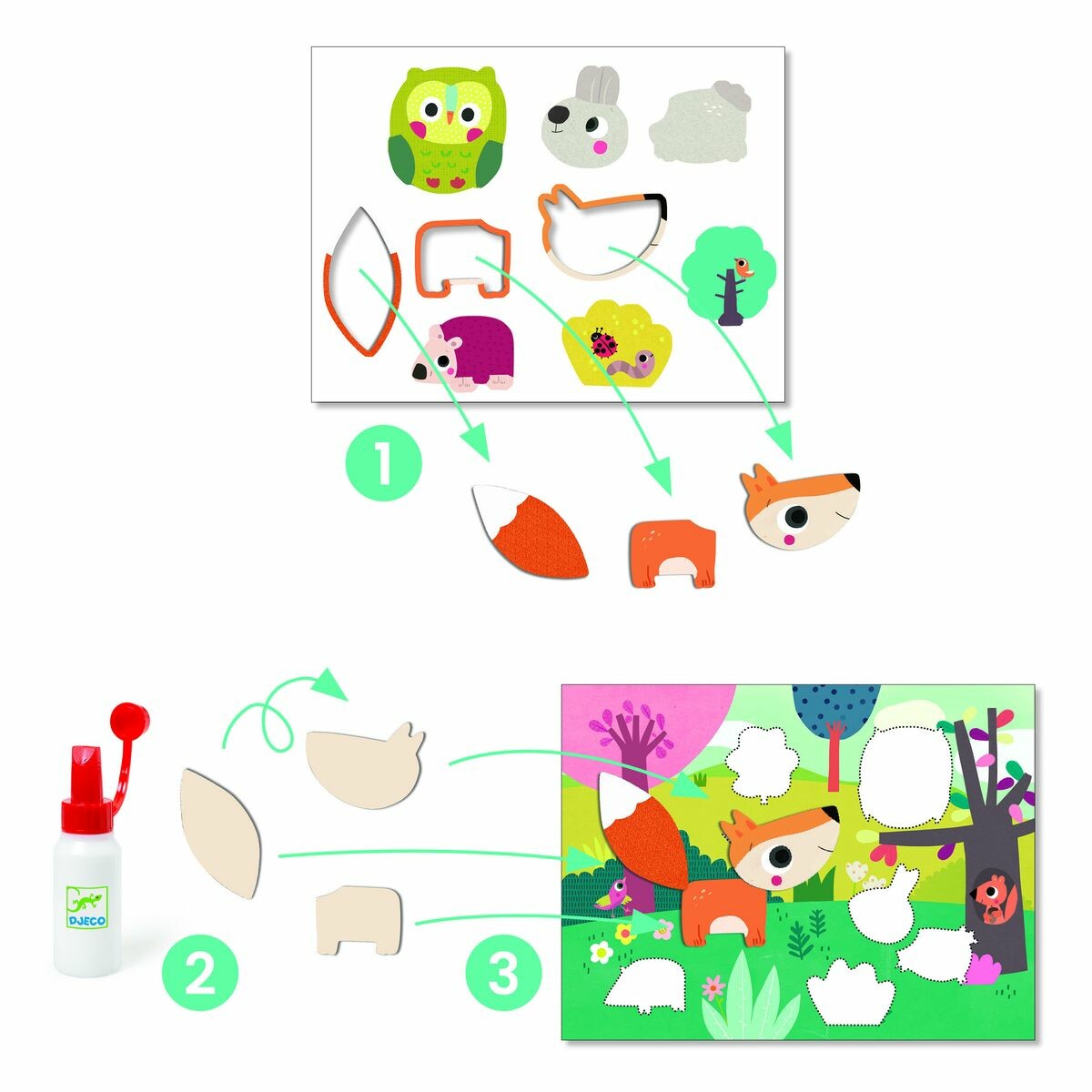 Une première activité de collage conçus pour les petites mains. Des formes épaisses prédécoupées, en carton, faciles à détacher, à coller sur les jolies illustrations, pour réaliser 4 tableaux.