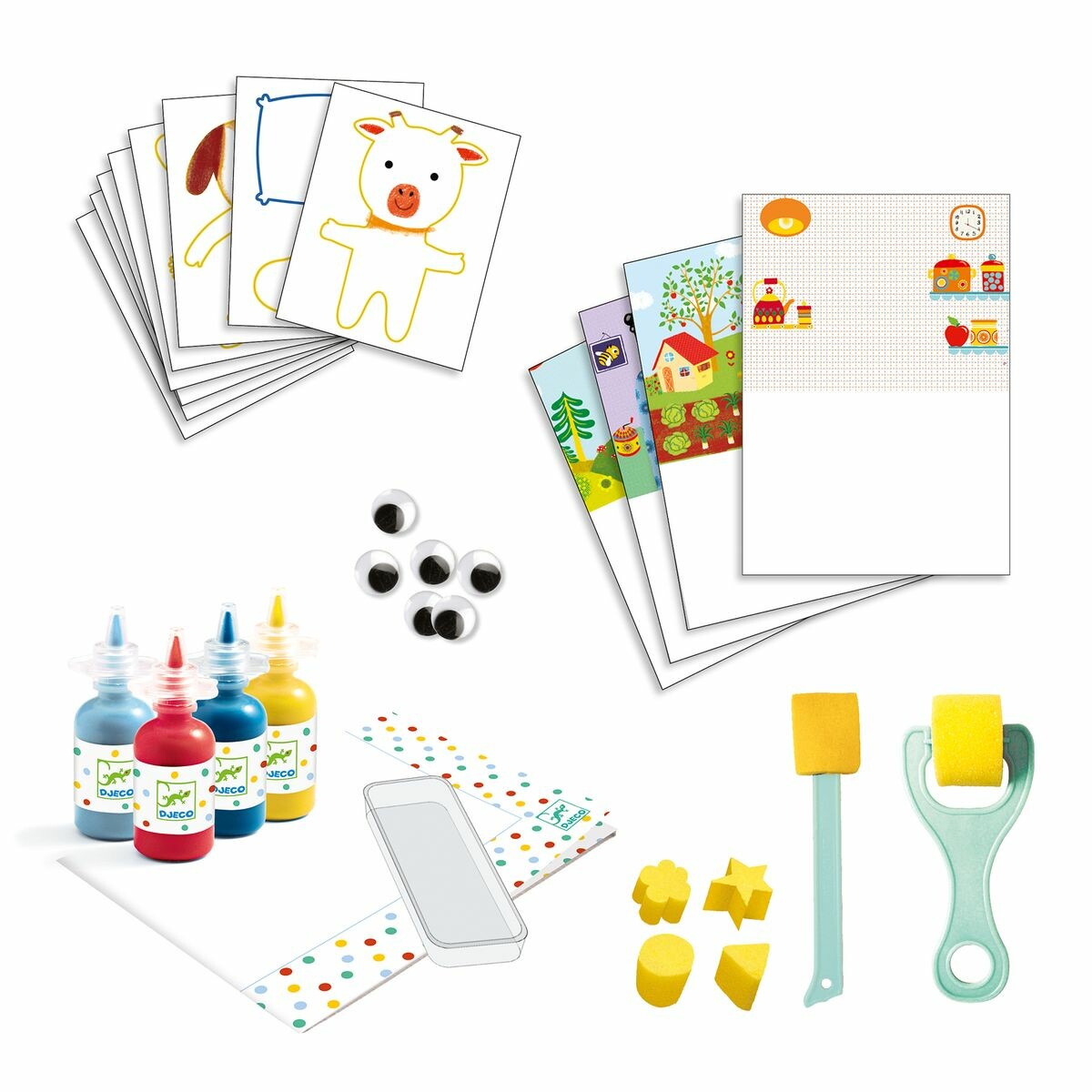 Après avoir protégé la table avec la nappe fournie, l'enfant peint toutes les pièces en utilisant le pinceau, les rouleaux et les éponges