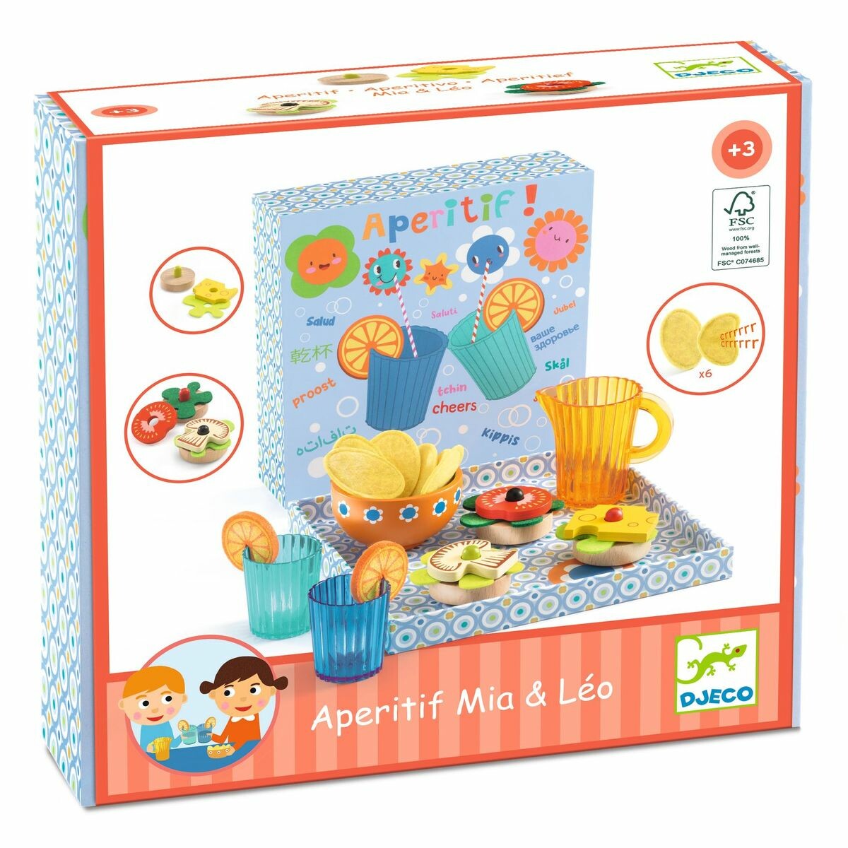 Coffret-Apéro Dans cette jolie boîte en bois, vous trouverez tous les accessoires pour préparer un apéritif délicieux et festif : le couvercle devient un joli tableau sur lequel l’enfant dépose et transporte le bol de chips, les 2 verres à cocktail décorés d’une tranche d’orange, 3 délicieux gâteaux à composer avec 6 ingrédients et une carafe.