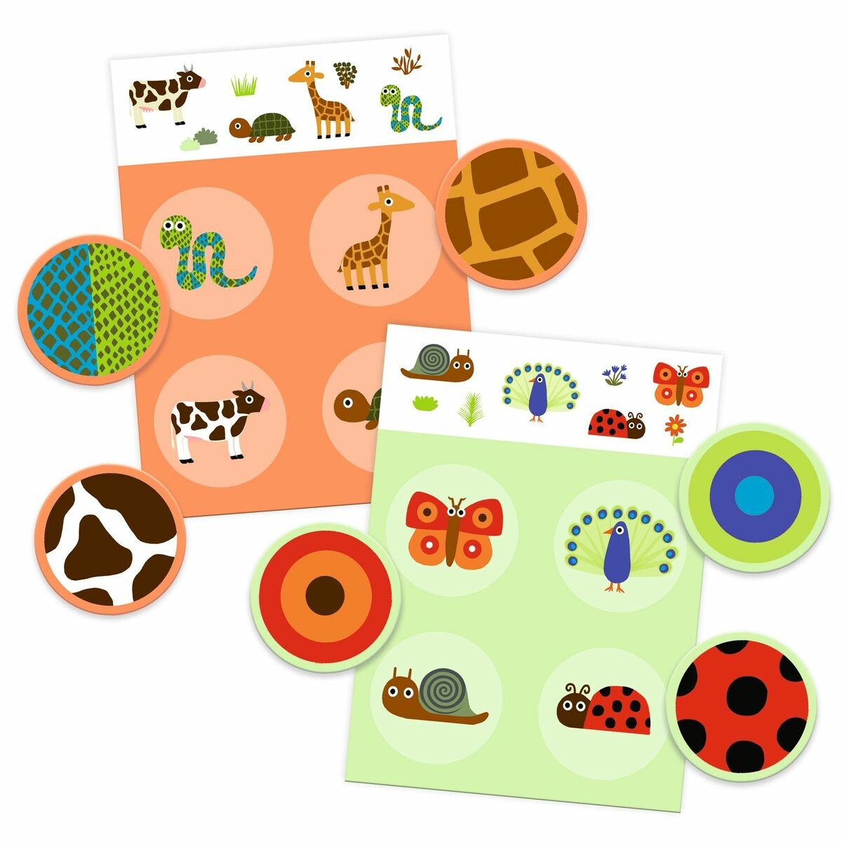 Loto-Plume-Poils L'enfant mémorise, retrouve les pièces associées à sa planche.