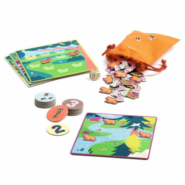 Contenu : 1 dé, 4 plateaux, 60 cartes-animaux, 20 cartes-chiffres/constellations et 1 sac en tissu.