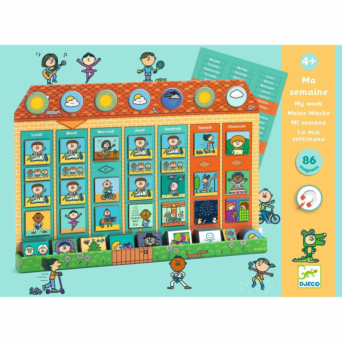 Semaine-Magnétique Contenu : 1 tableau-maison magnétique géant, 86 aimants, 1 planche de stickers prédécoupée, 1 livret