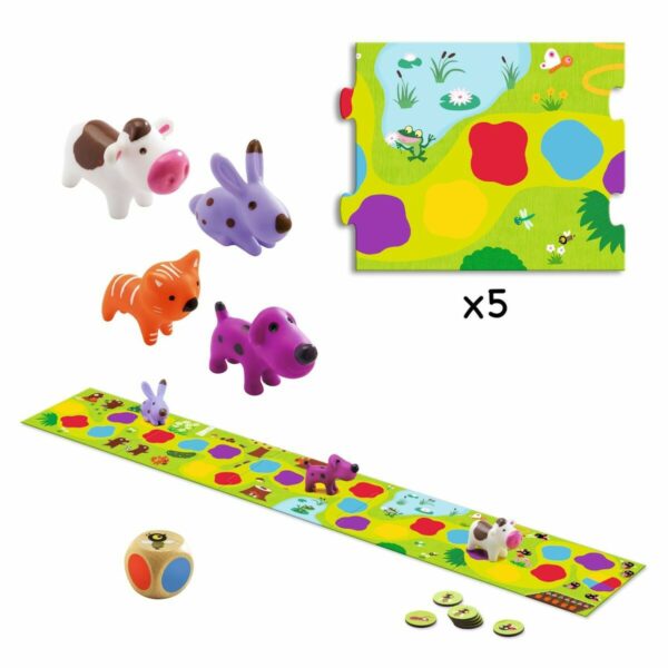 plateau de jeu en carton de 6 pièces de puzzle à assembler, 4 figurines en plastique souple (chat, lapin, chien, vache), 1 dé en bois, 15 jetons en carton. Règle du jeu en 10 langues.