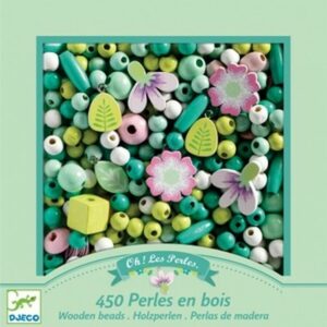 450 Perles bois, Feuilles et fleurs tons verts