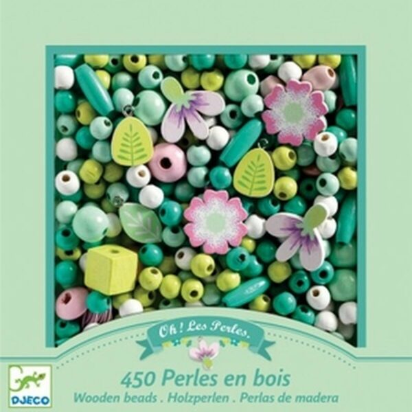 450 Perles bois - Feuilles et fleurs tons verts