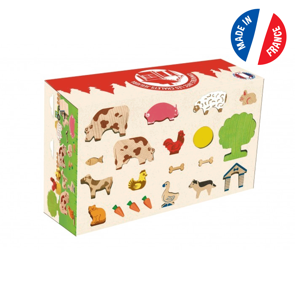 Animaux-ferme-bois Au total 20 animaux en bois facilement manipulables par les petites mains des enfants.